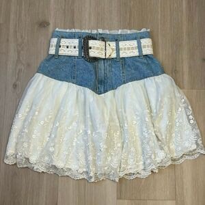 Denim and Ivory Lace Mini Skirt with Belt